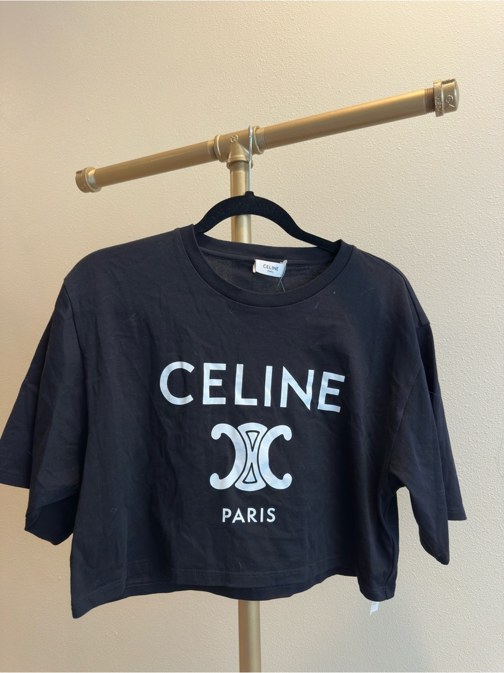Celine Black and White Cropped Logo Tee